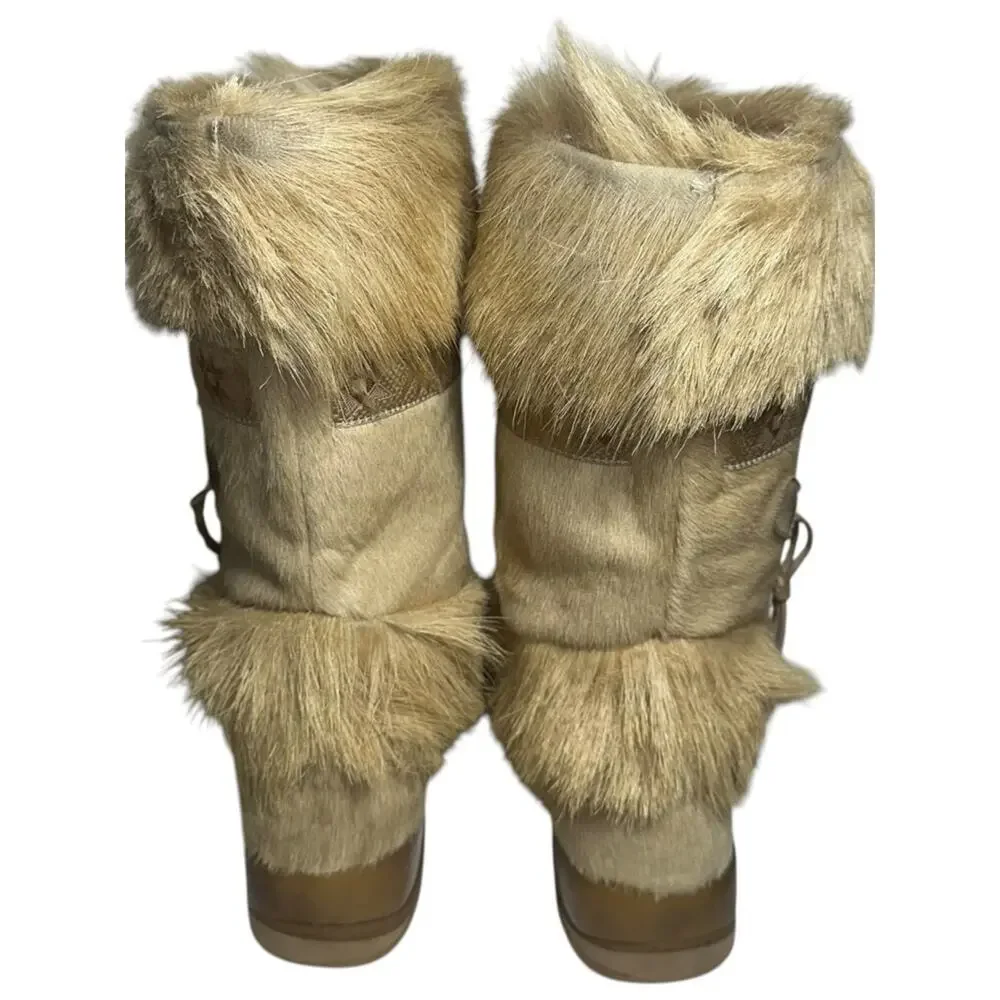 Tecnica Vintage 1973 Sz 7.5 Tan Skandia Pony Hair Fur Trim Mid Calf Winter Boots